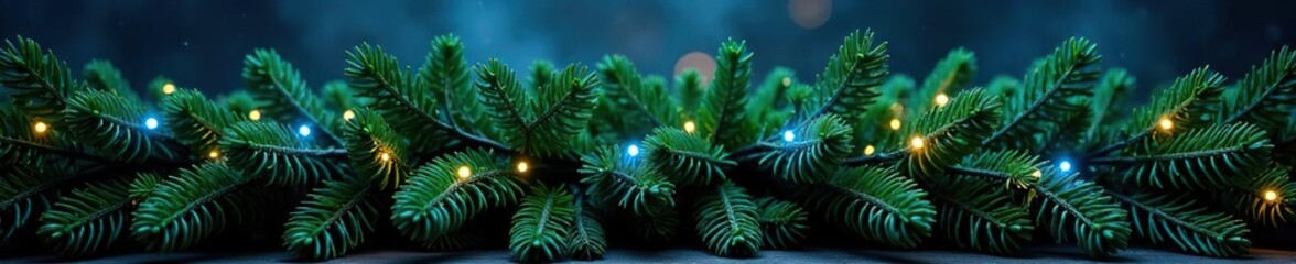 A lush garland of evergreen branches with twinkling blue lights, winter decor, holiday decorations, natural