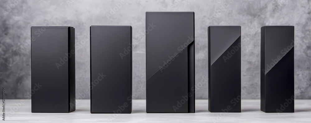 Poster custom packaging branding concept. collection of black rectangular boxes in various sizes against a 