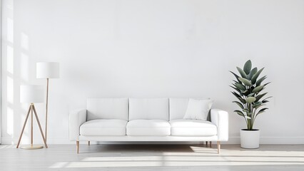 Living room interior wall mock up with white sofa plant and lamp on empty wood floor background