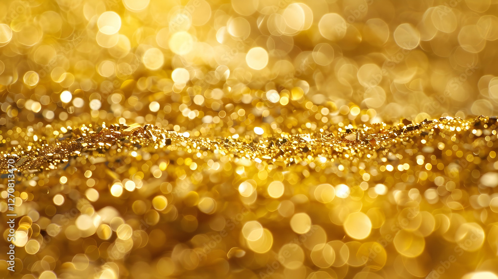 Poster close-up of shimmering golden particles reflecting light, creating a dazzling background effect