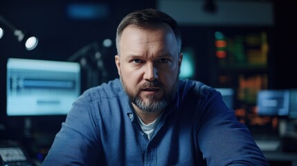 Fototapeta premium Serious man, video conference, dark office, screens, technology