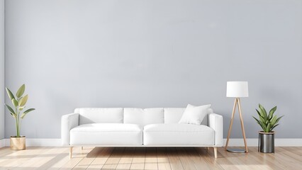 Living room interior wall mock up with white sofa plant and lamp on empty wood floor background