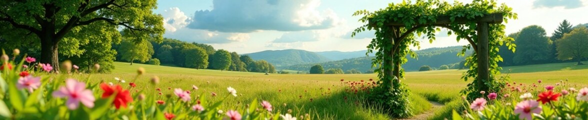 Wooden arbour with vines and flowers in a sunny meadow, color, field
