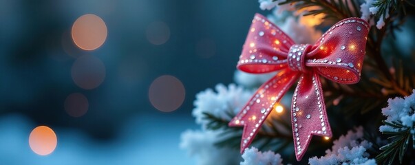 Fototapeta premium Wire bow topper with crystals on frosted tree, crystal decorations, sparkling, winter wonderland