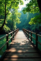 Obraz premium Wooden bridge spans wide river crossing through African forest, natural scenery, wood, bridge