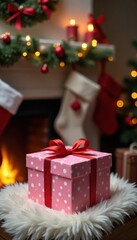 Pink Christmas gift box on a mantel with stockings hung by the chimney, chimney, festive, christmas