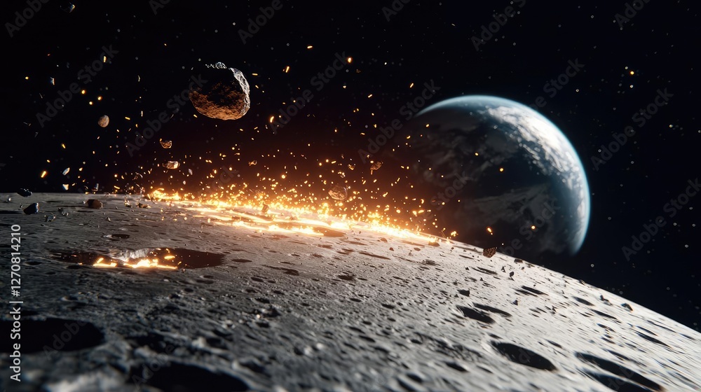Poster asteroid impact concept. a stunning view of an asteroid collision on the moon's surface with earth i