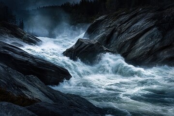 Powerful river rapids, Norway, nature backdrop, tourism