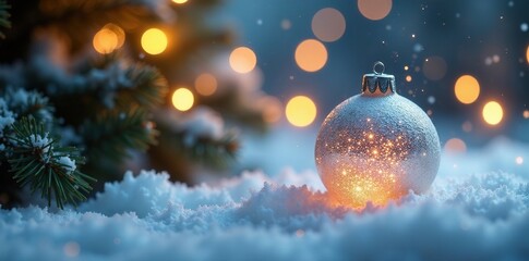 Sparkling ice with white Christmas ornament and twinkling tree lights, holiday, festive