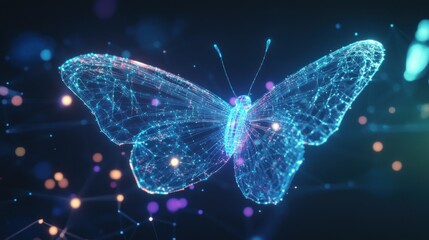 Digital butterfly, glowing, network background, technology concept, science illustration