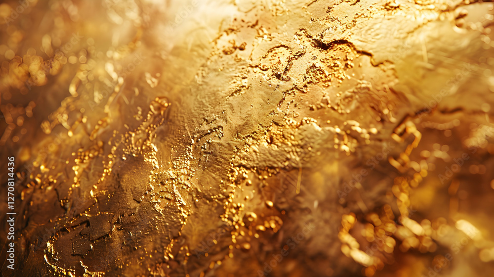 Poster close-up of a shimmering gold texture with intricate patterns and reflections, ideal for backgrounds