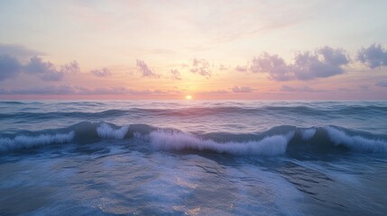 Fototapeta premium Ocean sunrise, waves crashing, peaceful sky, tranquil scene, travel backdrop