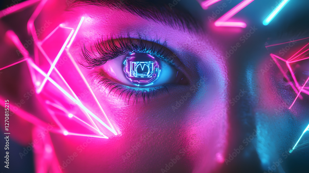 Poster futuristic digital art showcasing modern high-tech concepts urban setting visual design neon environ