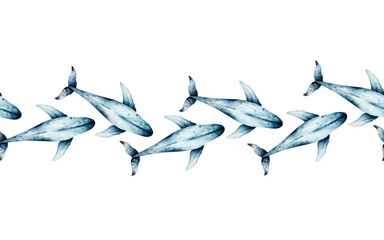 Blue whale seamless banner, border. Top view. Watercolor hand drawn illustration isolated on background. For designers, logo, postcards, greetings, birthday, calendar, wallpapers, wrapping paper