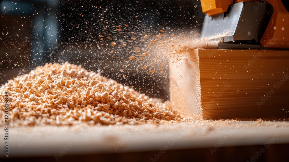 Poster engineering concepts of construction sites. close-up of woodworking process with shavings flying fro