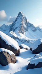 Snowy mountain top with large boulders, icy atmosphere, peaceful, mountain, rocks, peaceful