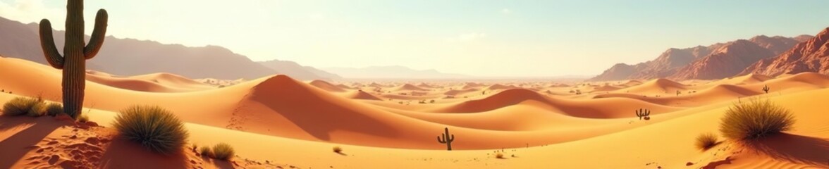 Fototapeta premium A sweeping desert landscape with sand dunes and cacti, sand, cactus, arid