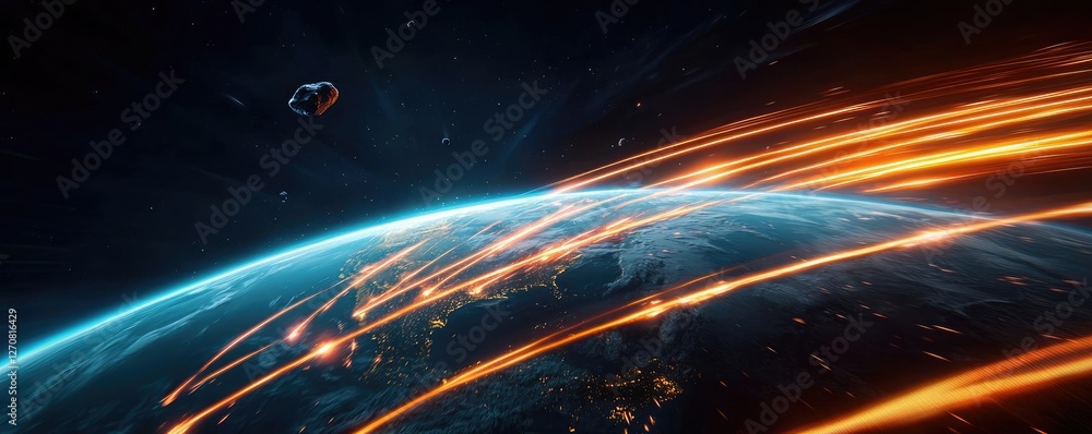 Poster asteroid impact idea. a captivating view of earth showcasing dynamic movement and cosmic energy in s