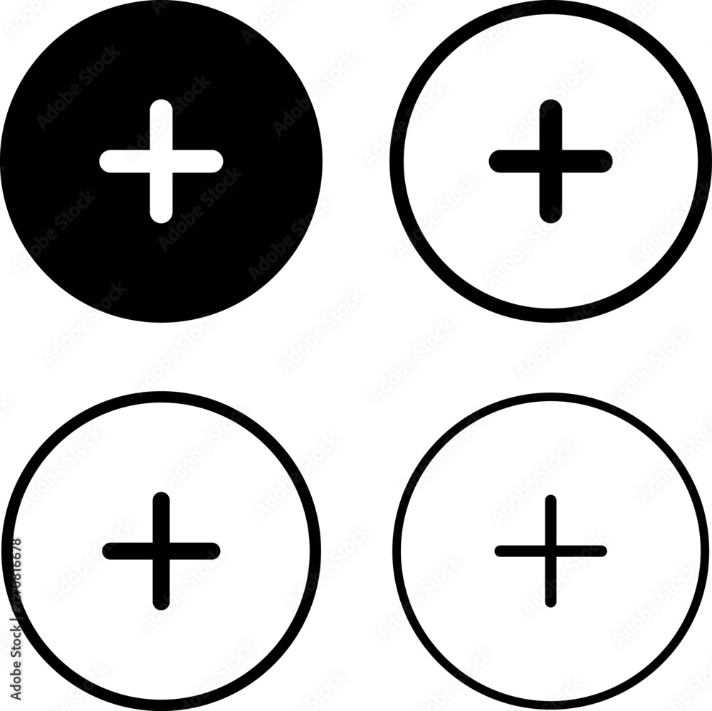 Poster add, new, plus icon symbol - create icons, more button in filled, thin line, outline and stroke styl