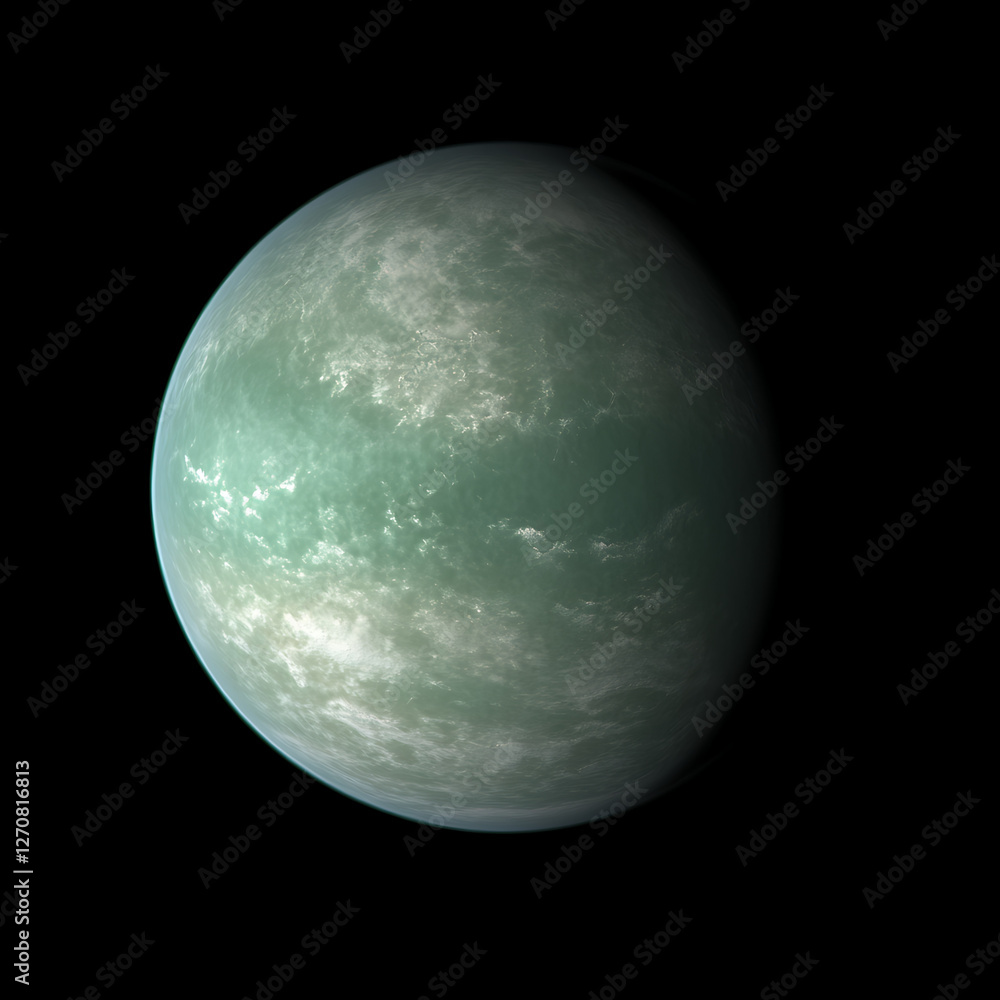 Poster serene green clouded exoplanet atmospheric view from space in tranquil exploration setting of distan