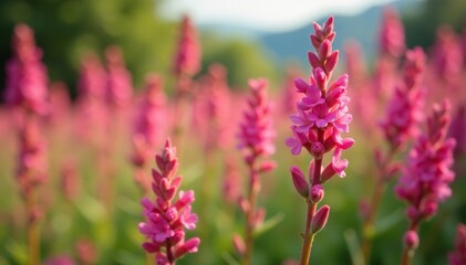 Pink flowers blooming on Rumex acetosella stems, pink flowers, spring