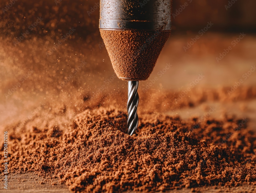 Poster engineering concepts of construction sites. close-up view of rotary drill bit engaged in brown mater
