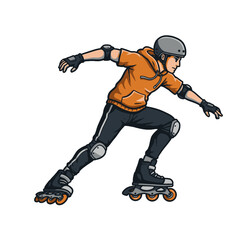 Naklejka premium Young Man Roller Skating with Safety Gear and Orange Hoodie