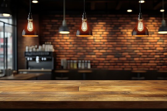 Rustic cafe wood table, brick wall, lights