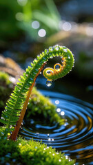 Macro photography, close-up of morning dew during the rainy season, ferns with crystal water drops hanging on the surface of their curled shoots, colorful refracted spots in the backlight, stream ripp