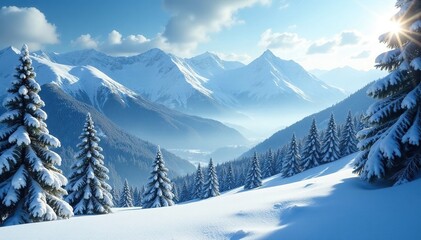 Fototapeta premium Softly falling snowflakes dance on the mountain slopes, frosty atmosphere, snow covered trees