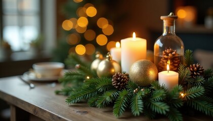 Winter wonderland centerpiece with gold ornaments and pine branches, rustic decor, candles