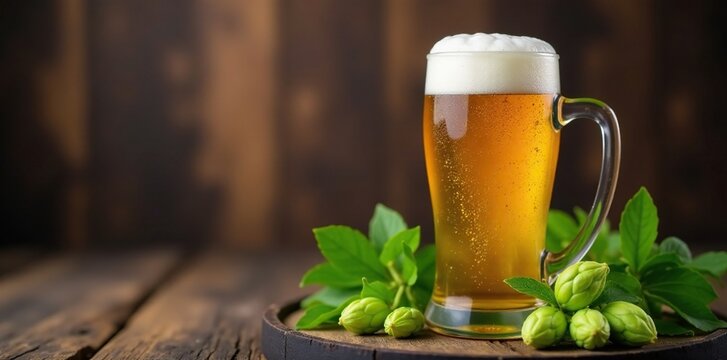 Wooden barrel half-filled with frothy beer and fresh green hops, beer garden, rustic, wooden barrels