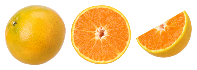 Close-up, Tangerine orange or Clementine half and slices isolated, transparent PNG, PNG format, collection