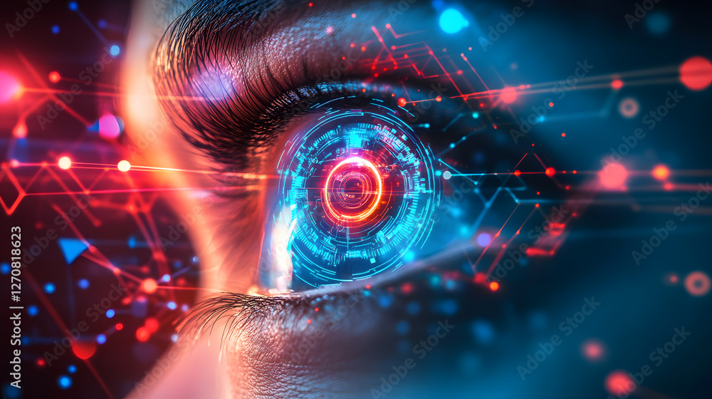 Poster futuristic digital eye interface tech lab concept design high-tech environment close-up view modern 