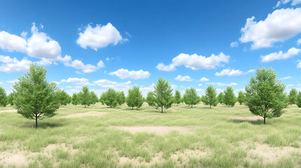 Obraz premium Serene Landscape of Trees on Grassland Under Blue Cloudy Sky Tranquil Nature Outdoors