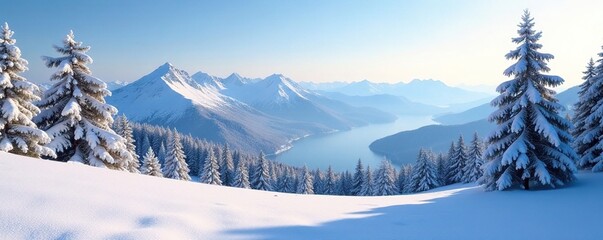 Snowy landscape with distant mountains fading into the horizon, trees, peaceful, snow
