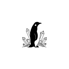 Minimalistic Penguin and Crystals Illustration in Black and White Design
