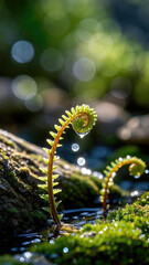 Macro photography, close-up of morning dew during the rainy season, ferns with crystal water drops hanging on the surface of their curled shoots, colorful refracted spots in the backlight, stream ripp