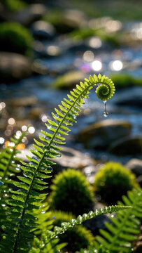 Macro photography, close-up of morning dew during the rainy season, ferns with crystal water drops hanging on the surface of their curled shoots, colorful refracted spots in the backlight, stream ripp