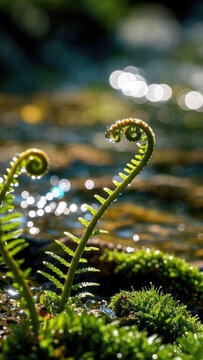 Macro photography, close-up of morning dew during the rainy season, ferns with crystal water drops hanging on the surface of their curled shoots, colorful refracted spots in the backlight, stream ripp