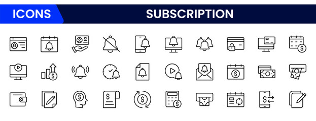Subscription business icons such as service level agreement, churn, activation, billing, usage-based price, best customer experience, perks, and account vector thin line icons.