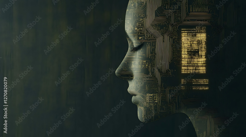 Poster serene profile of ai enhanced humanoid face with complex circuitry and artificial intelligence theme