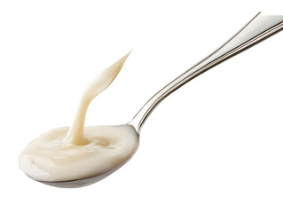 Creamy off-white substance on a silver spoon, with a portion of the substance forming a swirling shape as it's lifted