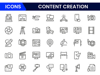 Set Content Creator line web icons, media. Linear icon collection.