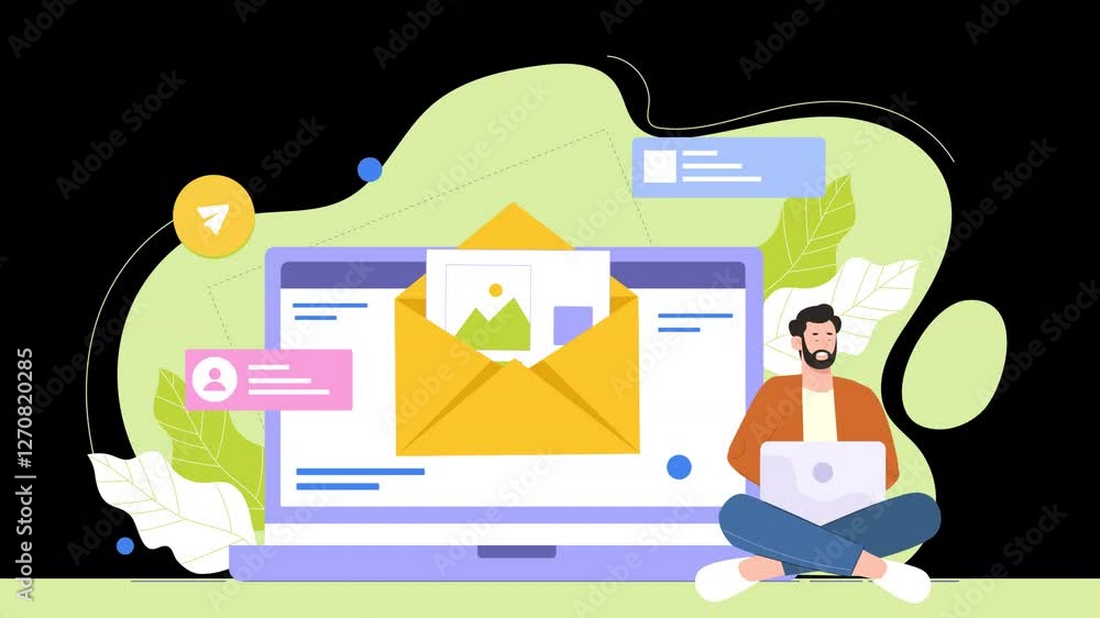 Wall mural flat character animation showing individuals using email services, from composing messages to organi
