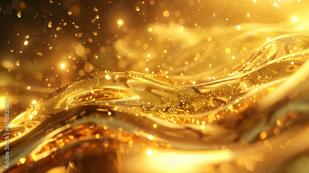 Poster shimmering golden liquid waves with sparkling particles in an abstract background