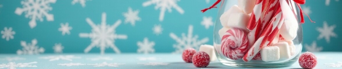 Snowflake patterned paper behind a decorative glass jar containing festive candy canes and sugar cubes, snowflakes, decor