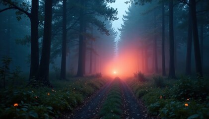 Whirling fog lights dance through misty forest, twilight, nature