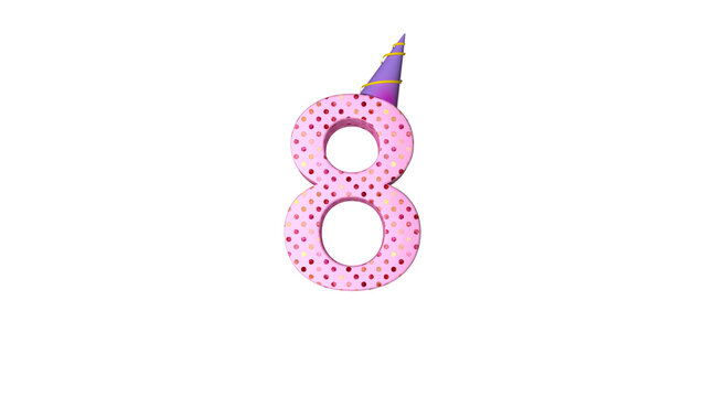 Number eight with pink glitter dots and party hat on white background