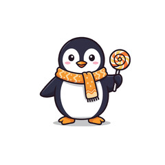 Cute Cartoon Penguin Holding a Lollipop and Wearing a Cozy Orange Scarf